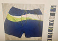 Blue and navy swim trunks with a lime green and white stripe pattern, featuring a green drawstring, shown on a light-colored background with a vertical strip of smaller thumbnail images on the right.