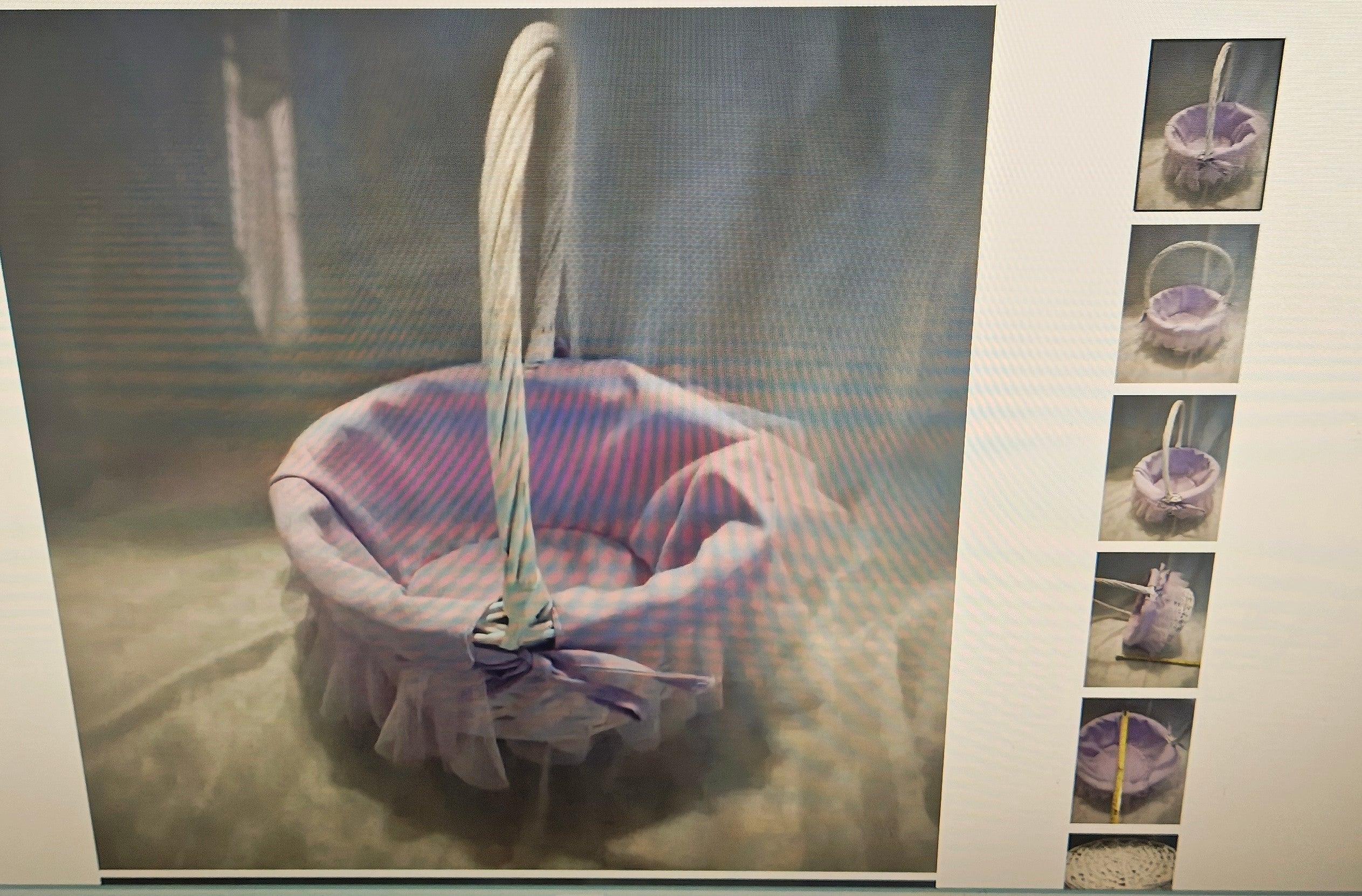 A woven basket with a white rope handle, lined in pink and purple striped fabric with a ruffled hem and bow, shown against a gray backdrop. A vertical strip of five smaller thumbnail images appears along the right side.