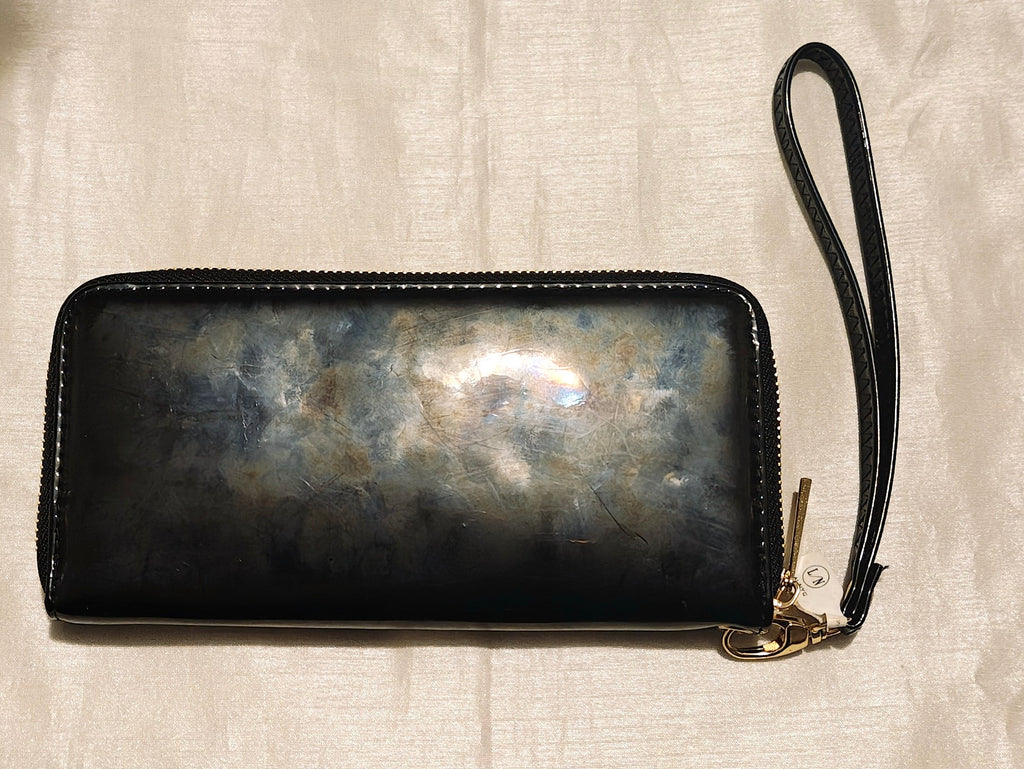 Black patent wallet with wrist strap