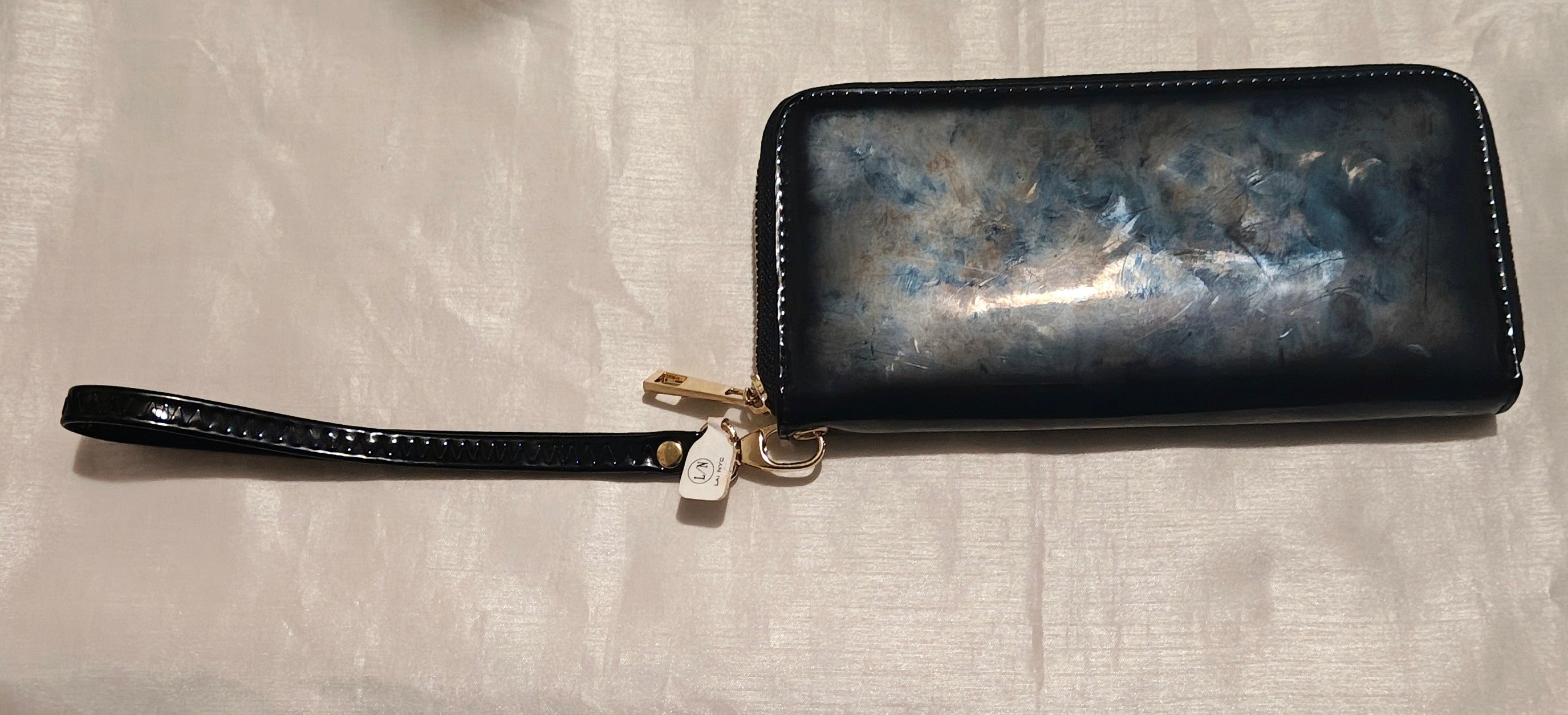 Black patent wallet with wrist strap
