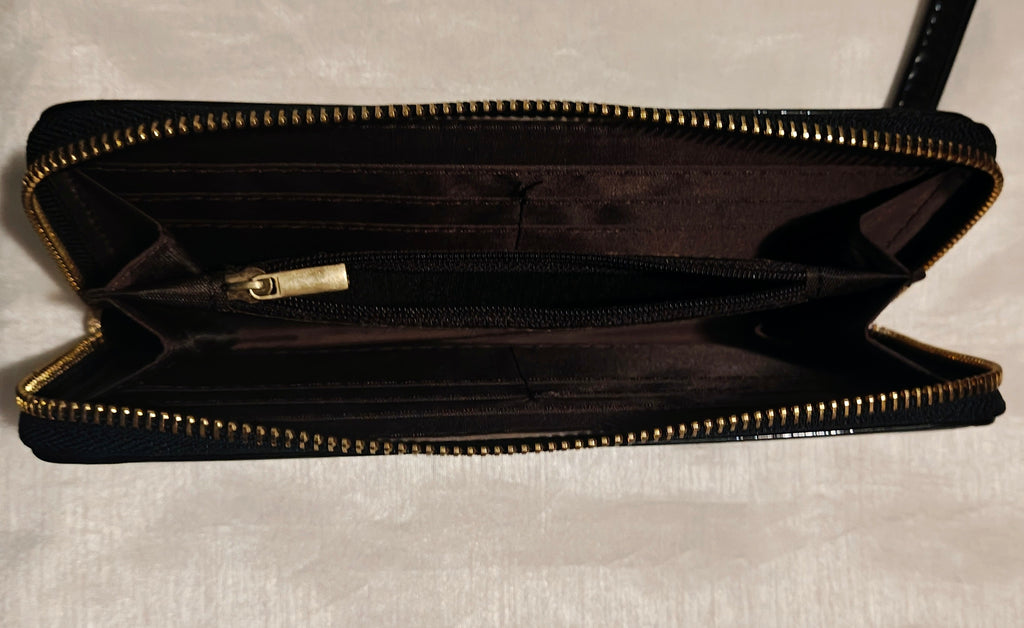 Black patent wallet with wrist strap