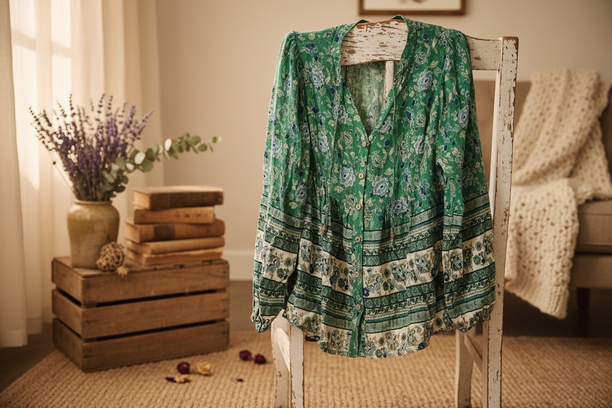 Parsley green women's viscose top in bohemian setting